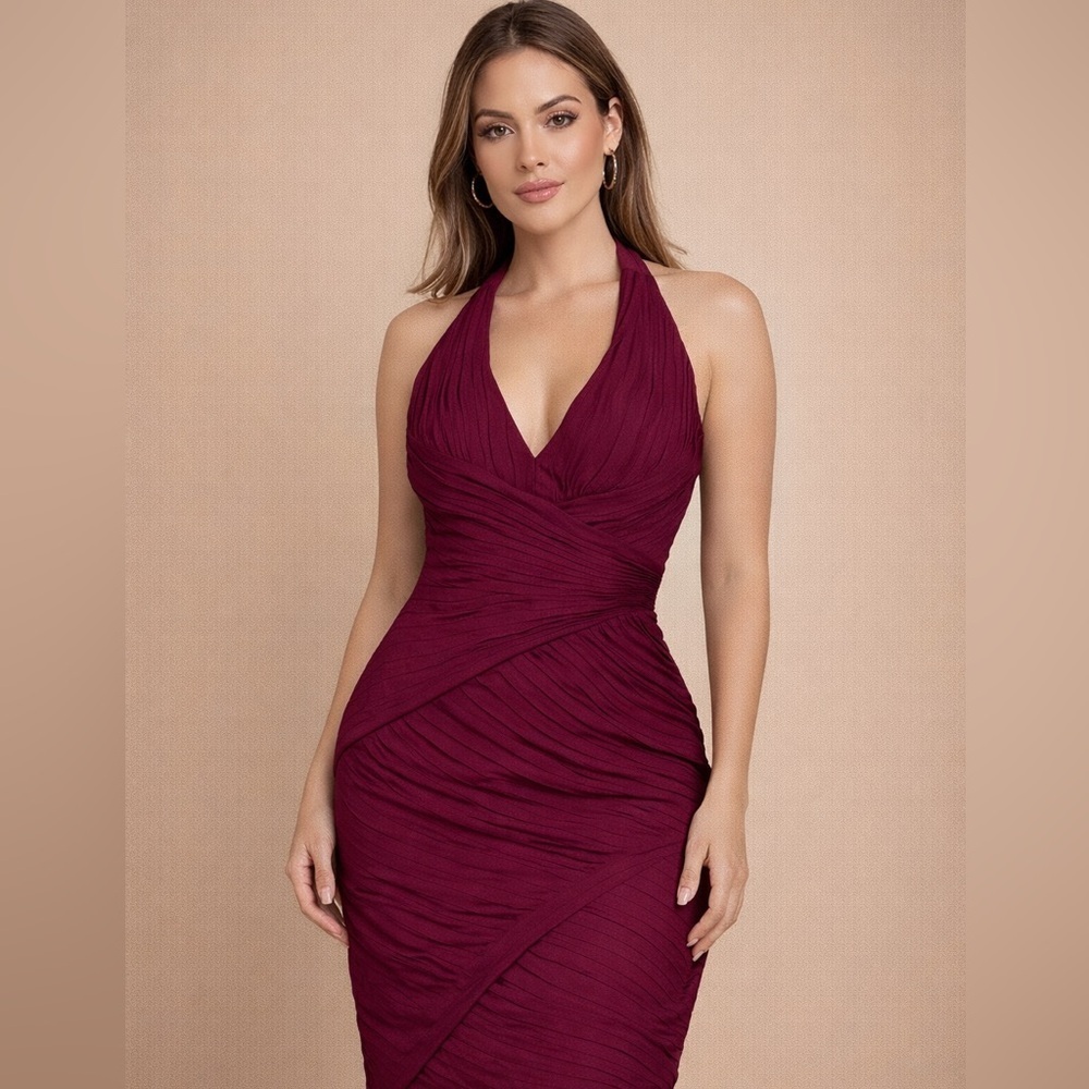 Tadashi Bandage Halter Deep V Silk Mini Dress Gown Magenta Pink Formal Size 6